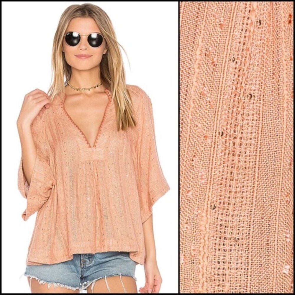 Free People Peach Sequin Embroidered Flutter Sleeve Woven top - Get Over It Top